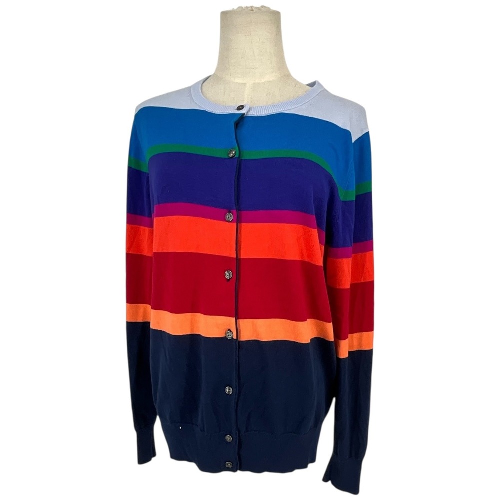 Lands End‎ Womens Cardigan Sweater M Stripe Button Front 100 SuPima Cotton